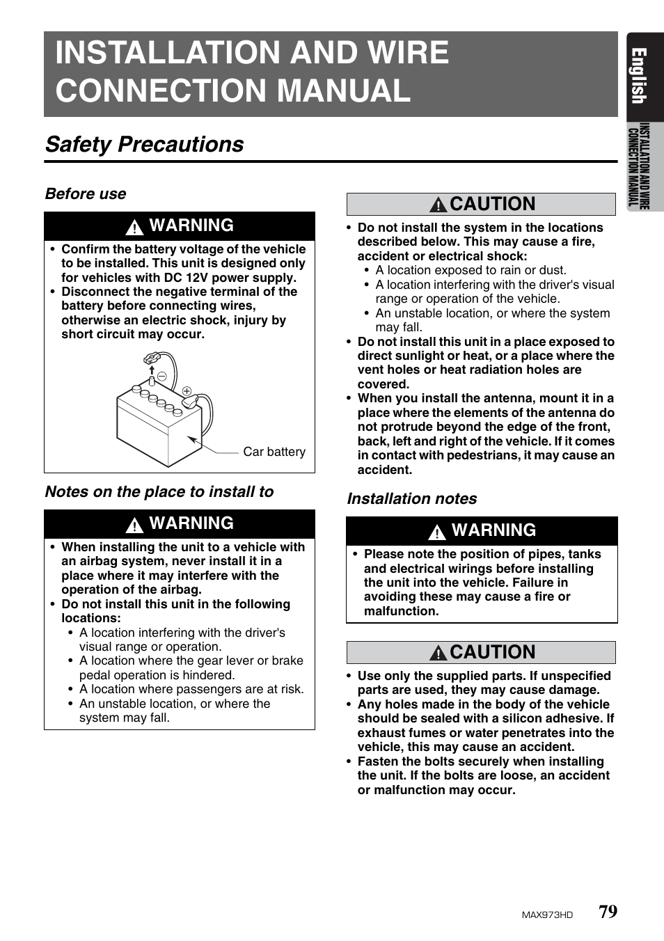 Installation and wire connection manual, Safety precautions, English | Caution, Warning | Clarion MAX973HD User Manual | Page 175 / 187