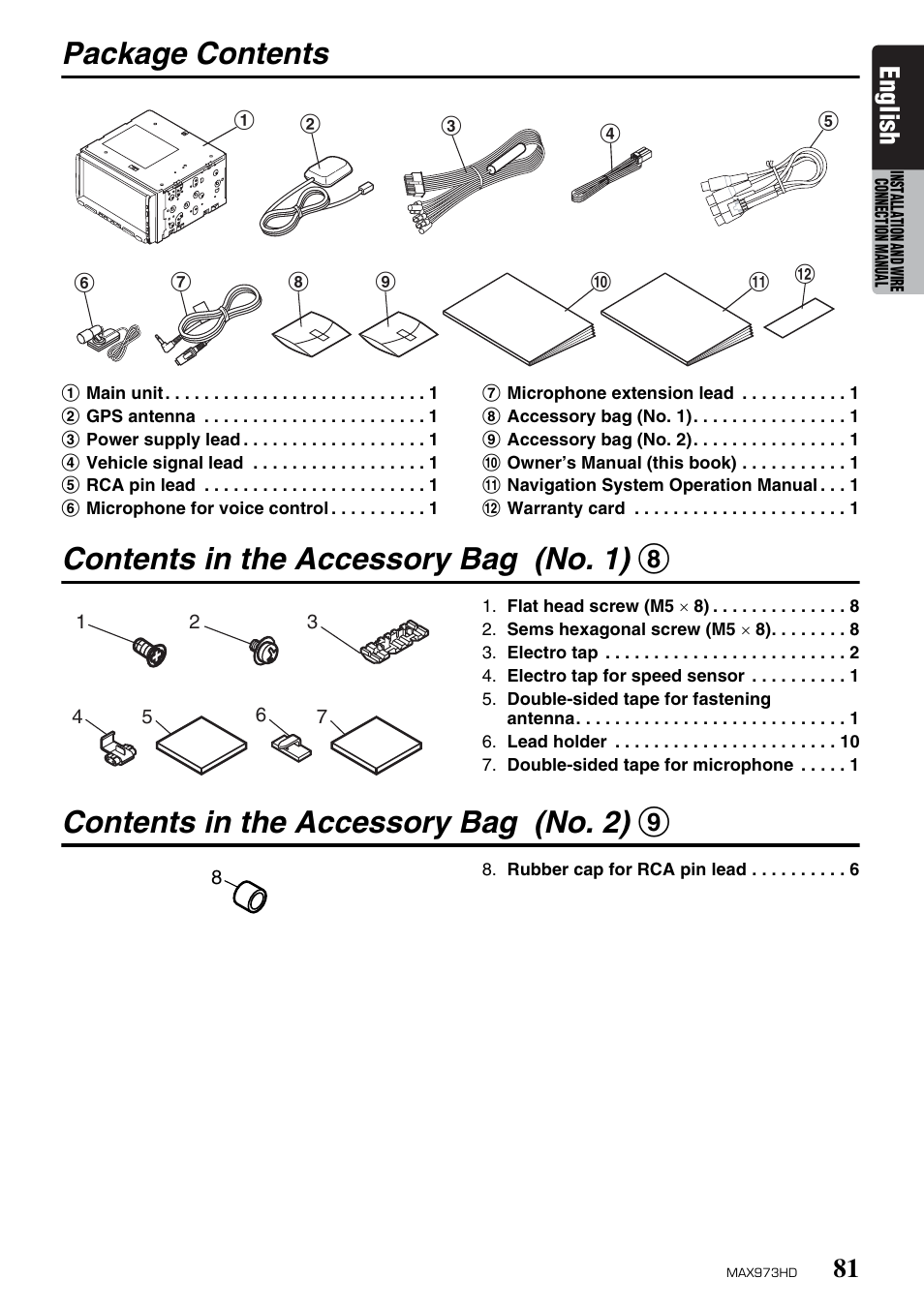 Package contents, Contents in the accessory bag (no. 1) 8, Contents in the accessory bag (no. 2) 9 | English | Clarion MAX973HD User Manual | Page 177 / 187