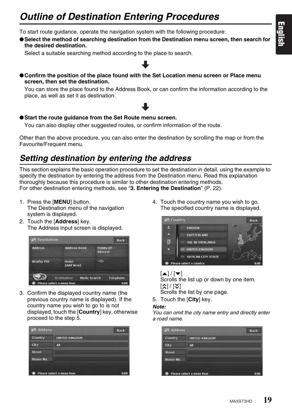 Outline of destination entering procedures, English, Setting destination by entering the address | Clarion MAX973HD User Manual | Page 18 / 187