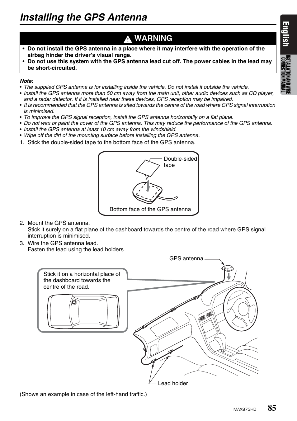 Installing the gps antenna, English, Warning | Clarion MAX973HD User Manual | Page 181 / 187