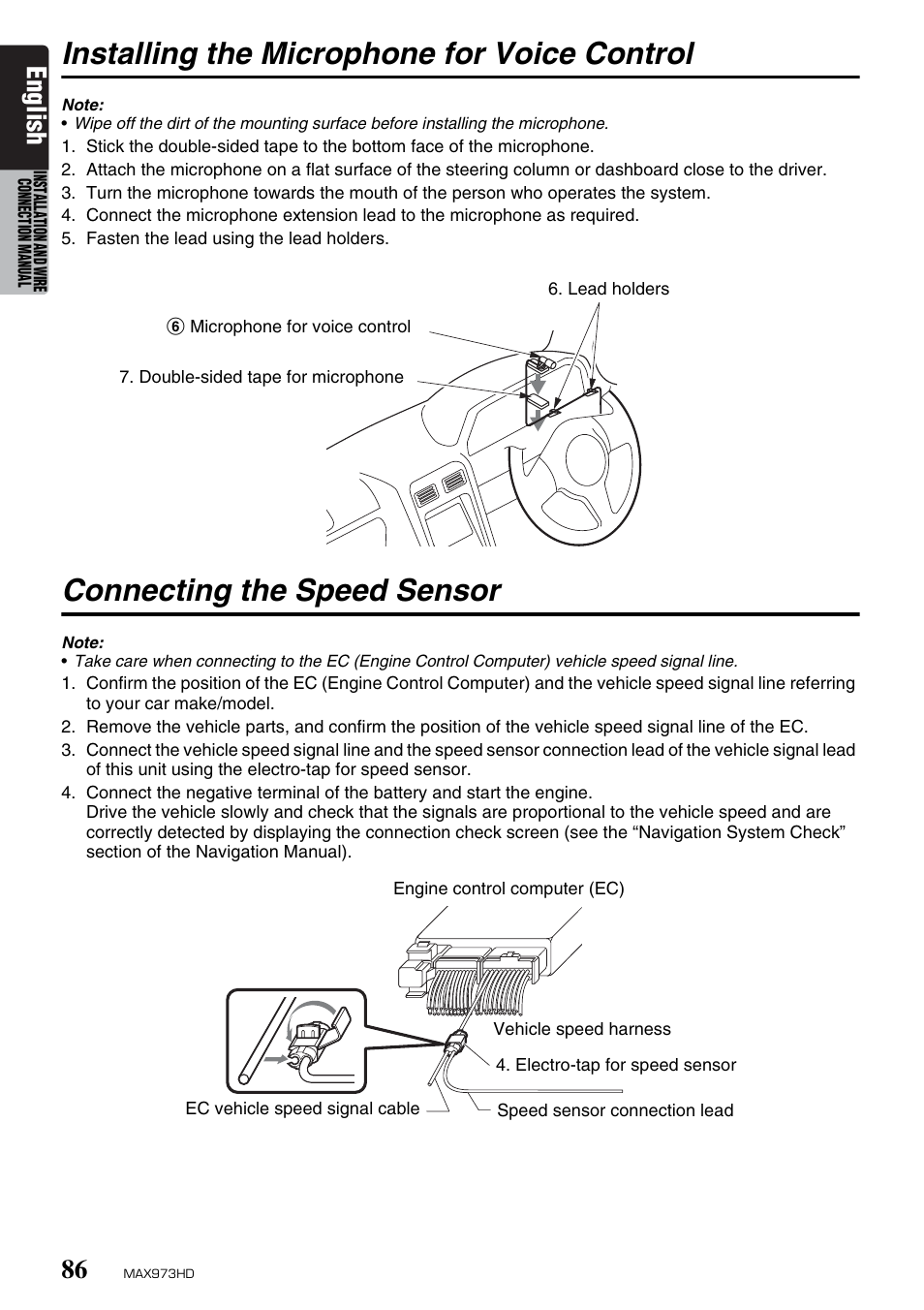 Installing the microphone for voice control, Connecting the speed sensor, English | Clarion MAX973HD User Manual | Page 182 / 187