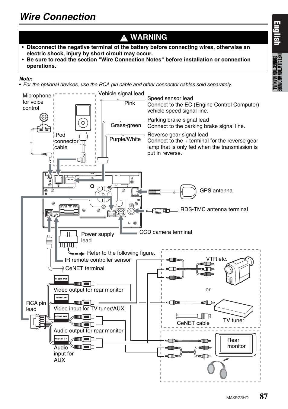 Wire connection, English, Warning | Clarion MAX973HD User Manual | Page 183 / 187