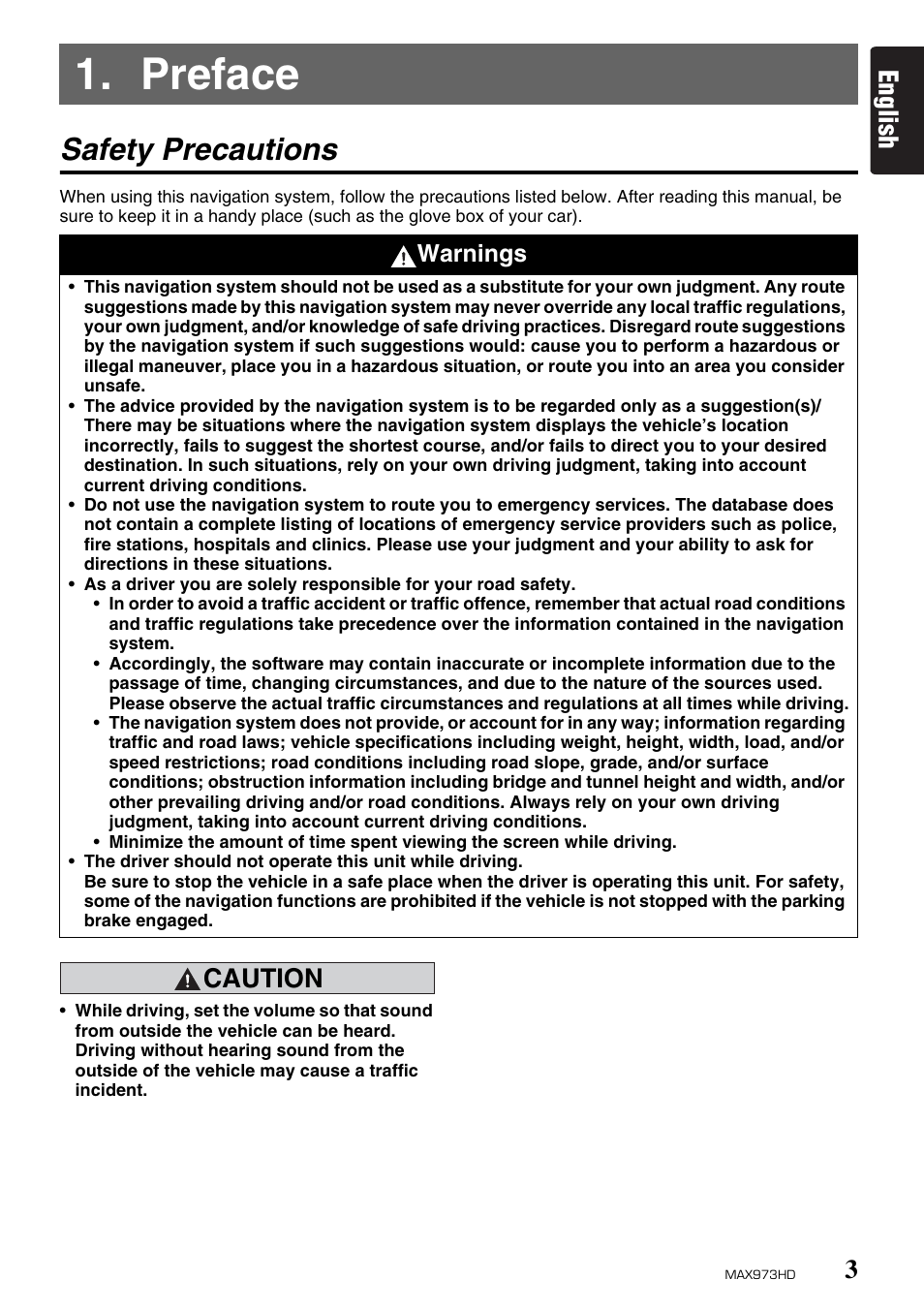 Preface, Safety precautions, English | Caution, Warnings | Clarion MAX973HD User Manual | Page 2 / 187