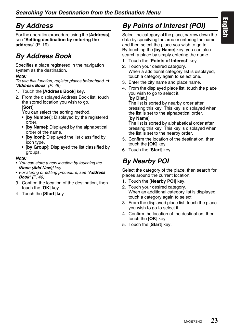 English by address, By address book, By points of interest (poi) | By nearby poi | Clarion MAX973HD User Manual | Page 22 / 187