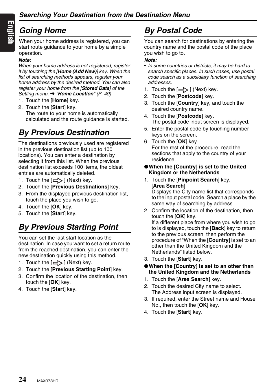 English going home, By previous destination, By previous starting point | By postal code | Clarion MAX973HD User Manual | Page 23 / 187