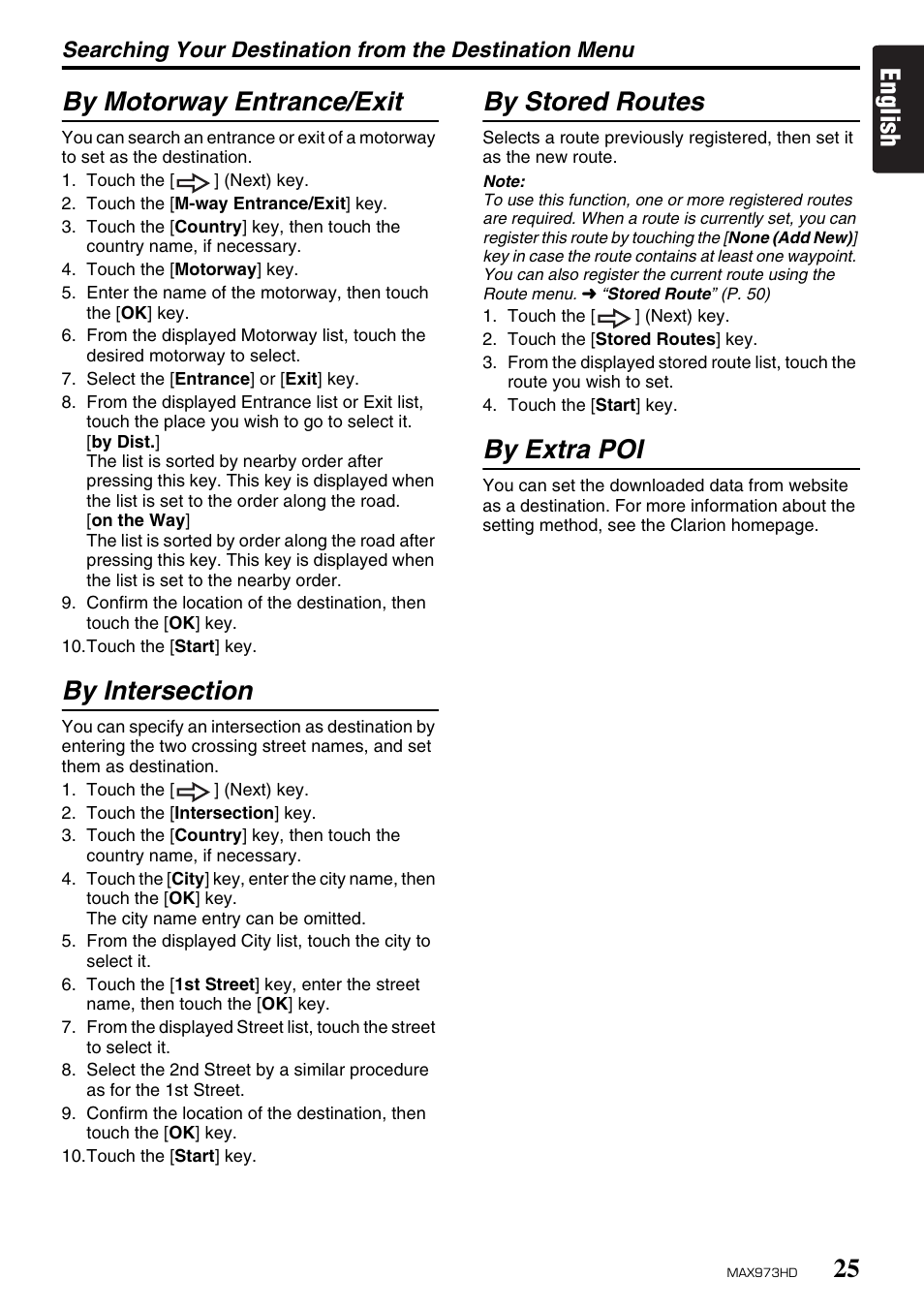 English by motorway entrance/exit, By stored routes, By extra poi | Clarion MAX973HD User Manual | Page 24 / 187