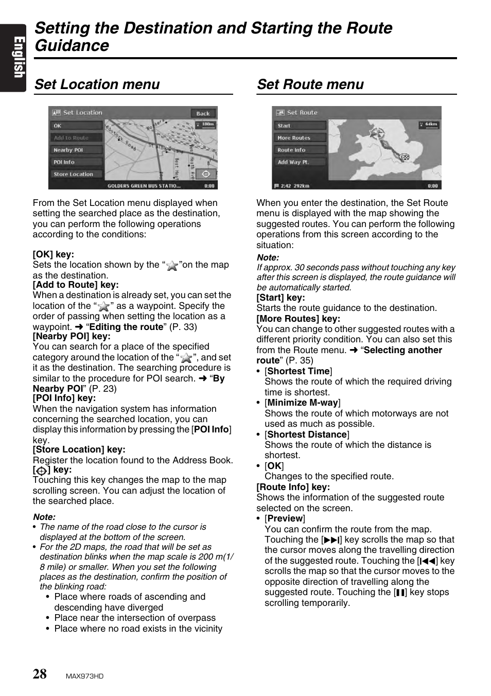 English, Set location menu, Set route menu | Clarion MAX973HD User Manual | Page 27 / 187