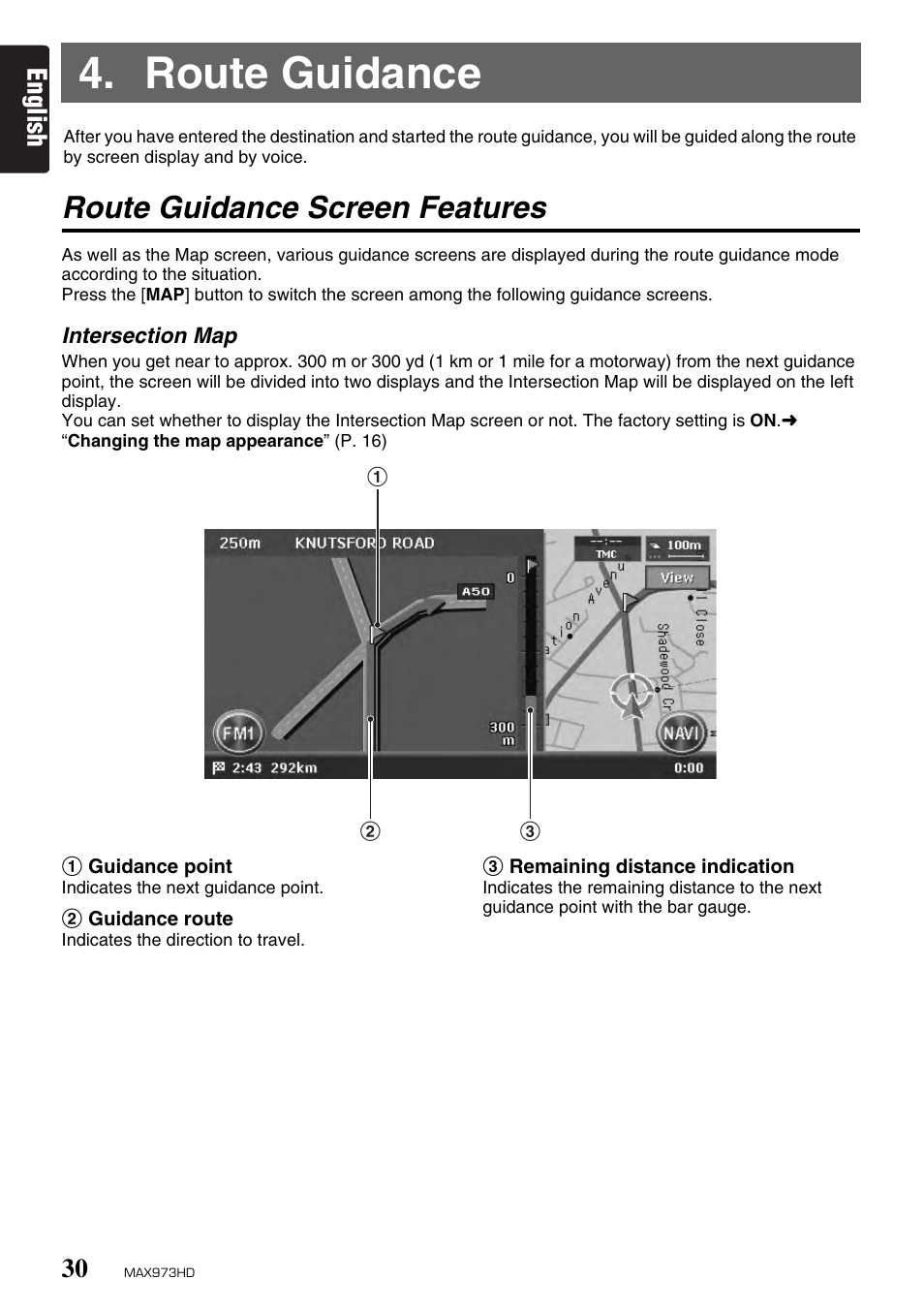 Route guidance, Route guidance screen features, English | Clarion MAX973HD User Manual | Page 29 / 187