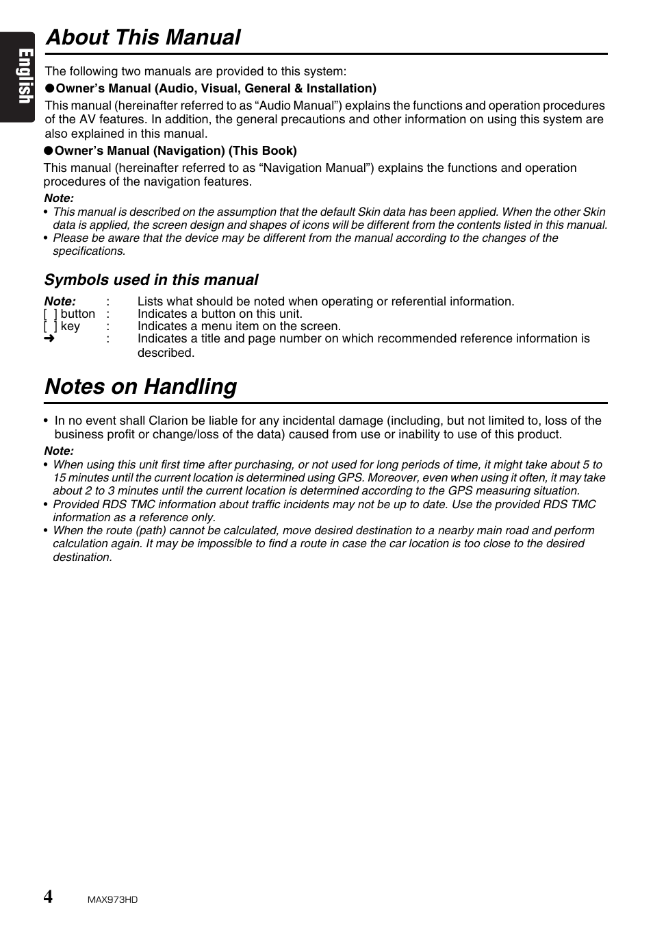 About this manual, English | Clarion MAX973HD User Manual | Page 3 / 187