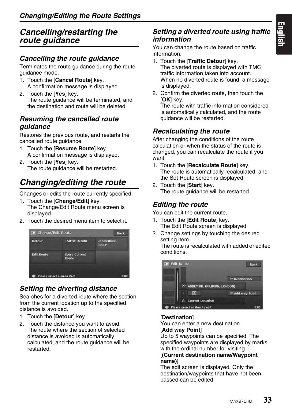 English cancelling/restarting the route guidance, Changing/editing the route | Clarion MAX973HD User Manual | Page 32 / 187