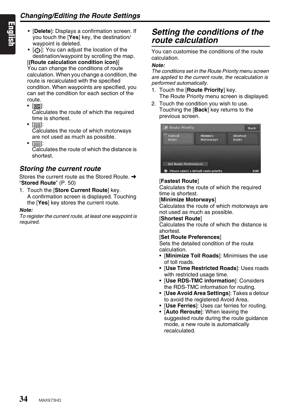 English, Setting the conditions of the route calculation | Clarion MAX973HD User Manual | Page 33 / 187