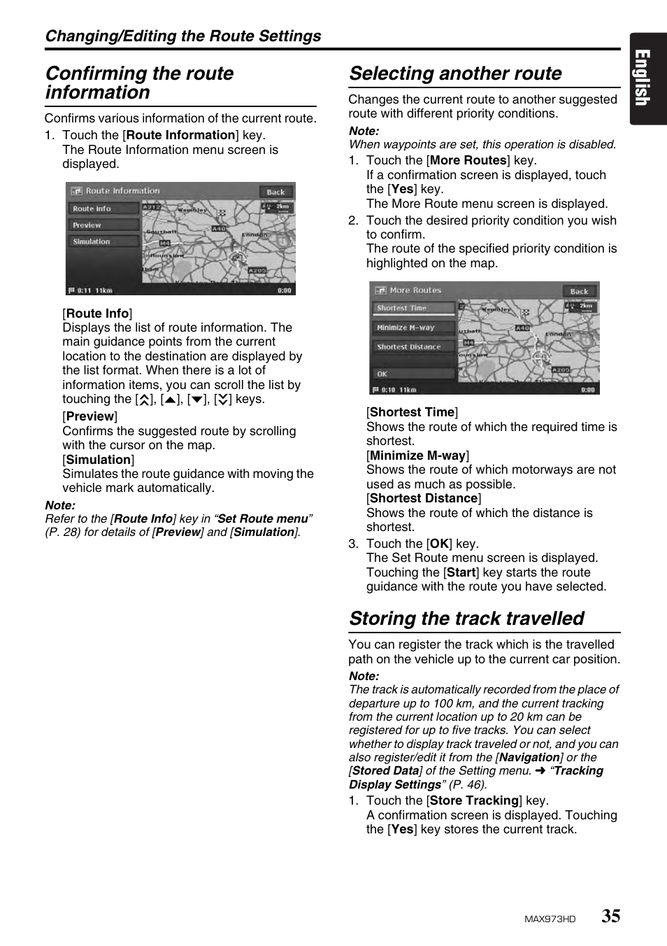 English confirming the route information, Selecting another route, Storing the track travelled | Clarion MAX973HD User Manual | Page 34 / 187