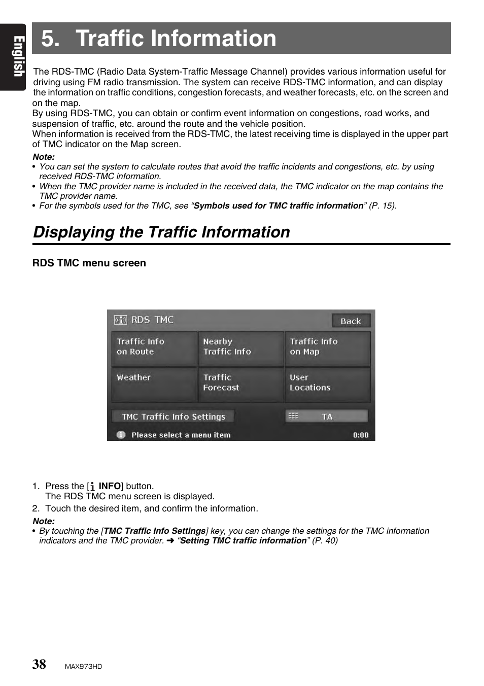 Traffic information, Displaying the traffic information, English | Clarion MAX973HD User Manual | Page 37 / 187