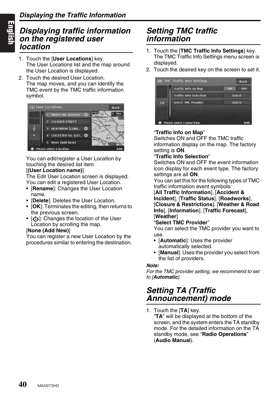 Setting tmc traffic information, Setting ta (traffic announcement) mode | Clarion MAX973HD User Manual | Page 39 / 187