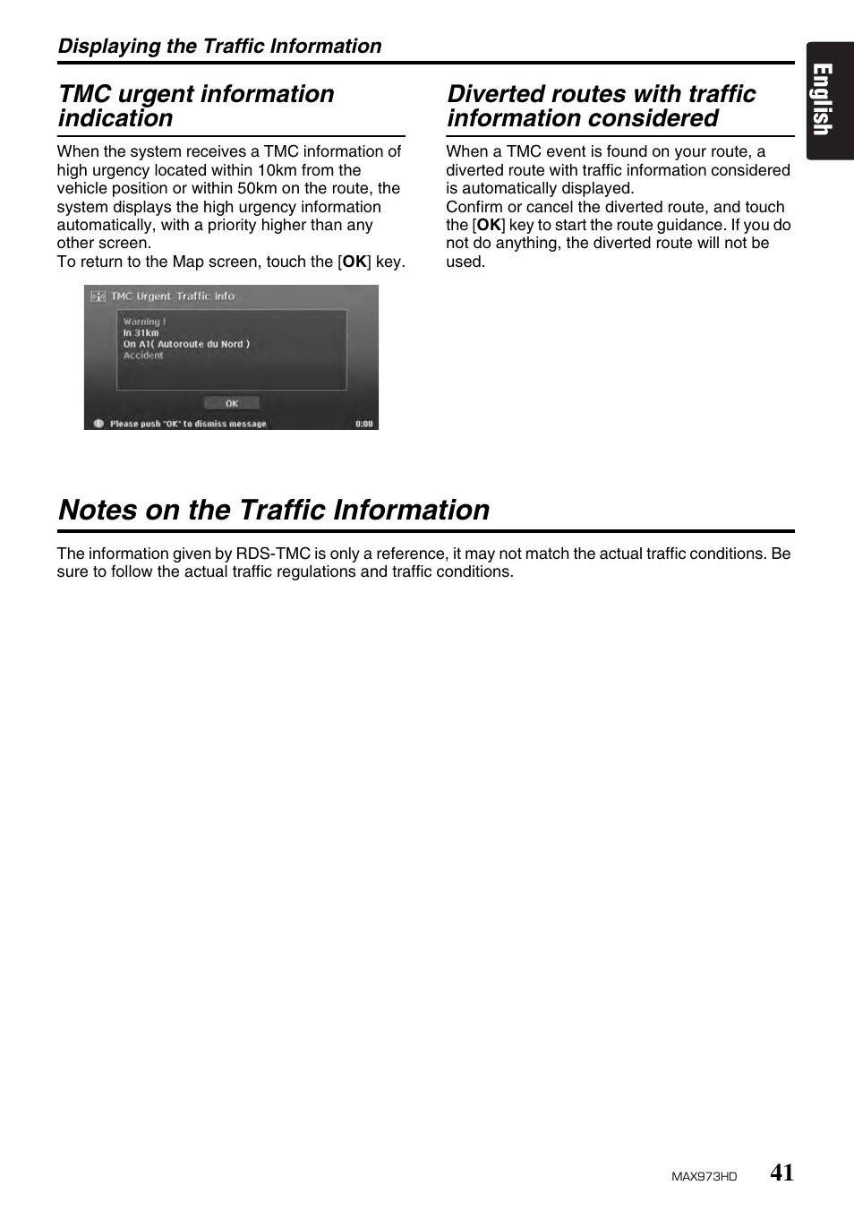English tmc urgent information indication | Clarion MAX973HD User Manual | Page 40 / 187