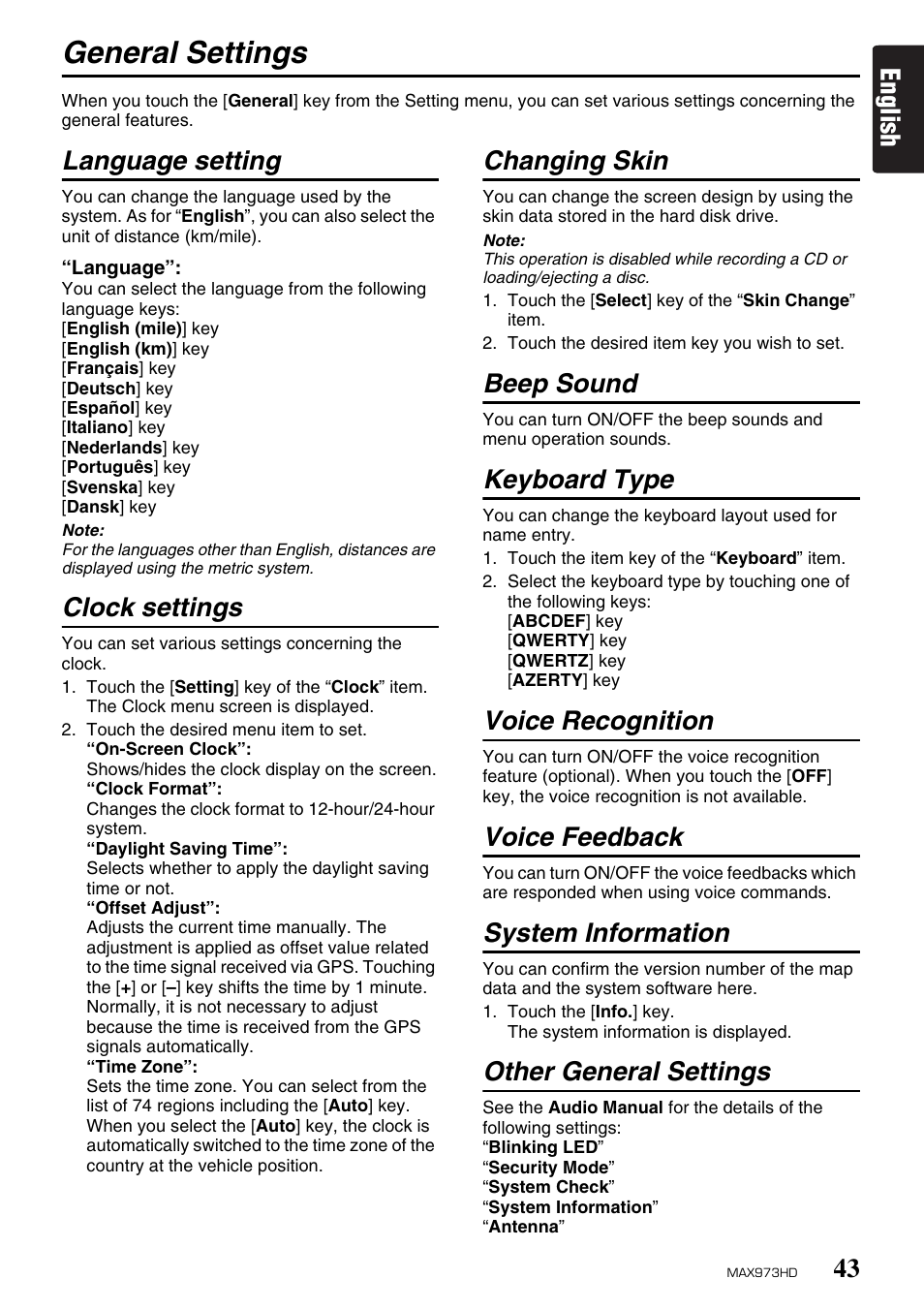 General settings, English, Language setting | Clock settings, Changing skin, Beep sound, Keyboard type, Voice recognition, Voice feedback, System information | Clarion MAX973HD User Manual | Page 42 / 187