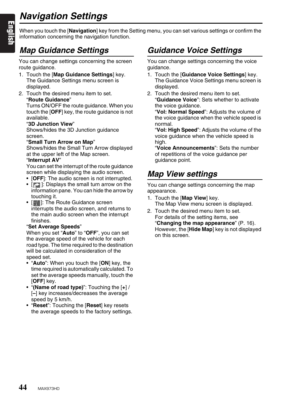 Navigation settings, English, Map guidance settings | Guidance voice settings, Map view settings | Clarion MAX973HD User Manual | Page 43 / 187