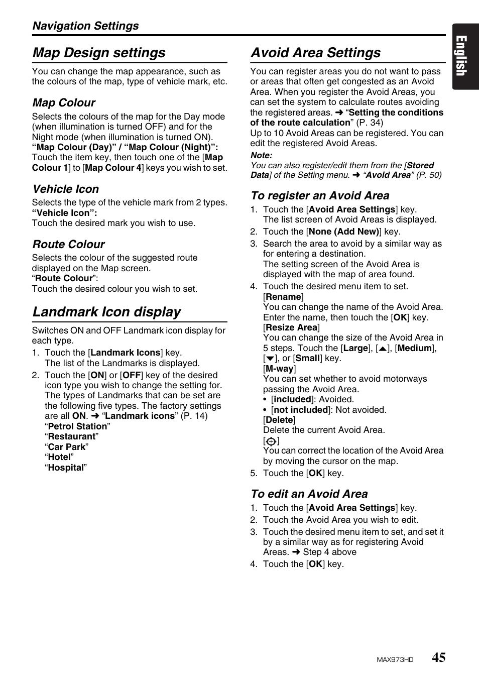 English map design settings, Landmark icon display, Avoid area settings | Clarion MAX973HD User Manual | Page 44 / 187