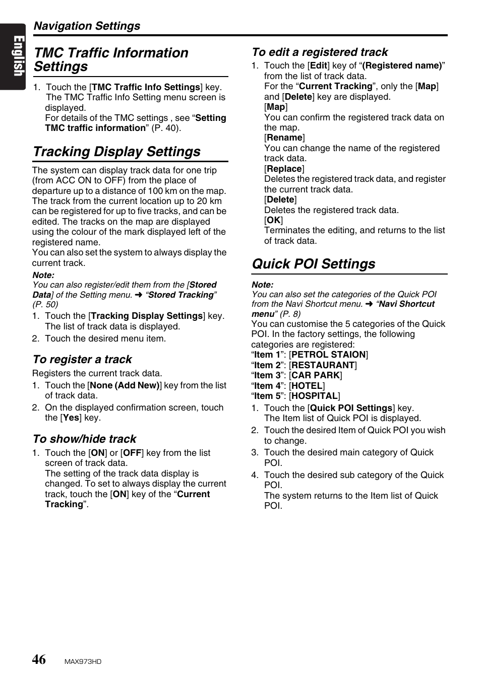 English tmc traffic information settings, Tracking display settings, Quick poi settings | Clarion MAX973HD User Manual | Page 45 / 187
