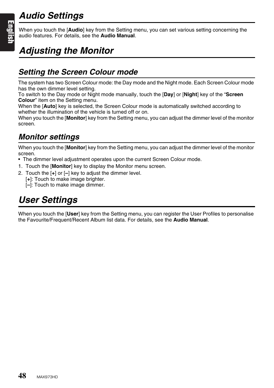 Audio settings, Adjusting the monitor, User settings | English, Setting the screen colour mode, Monitor settings | Clarion MAX973HD User Manual | Page 47 / 187