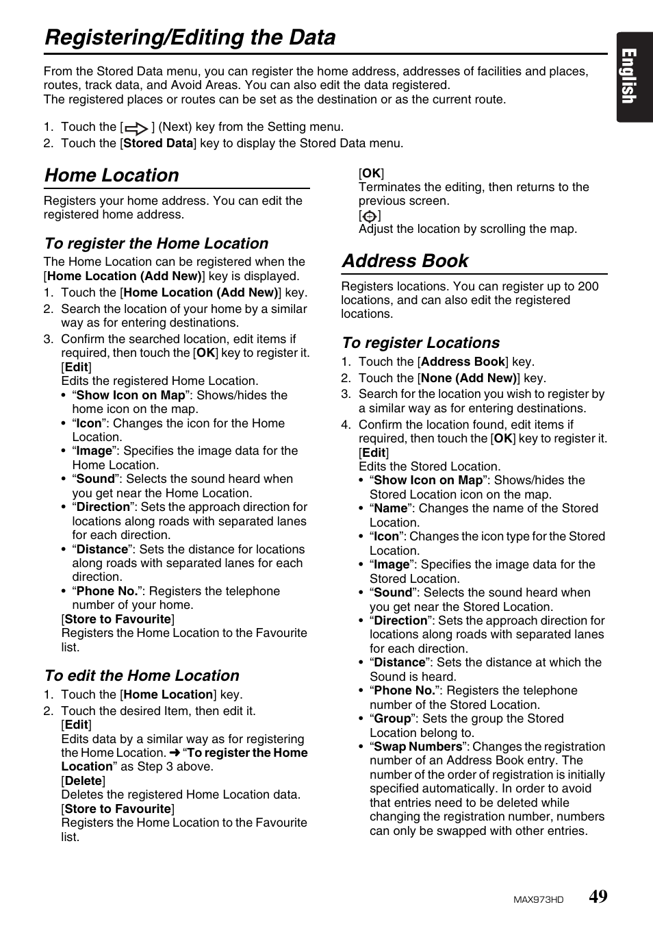 Registering/editing the data, English, Home location | Address book | Clarion MAX973HD User Manual | Page 48 / 187