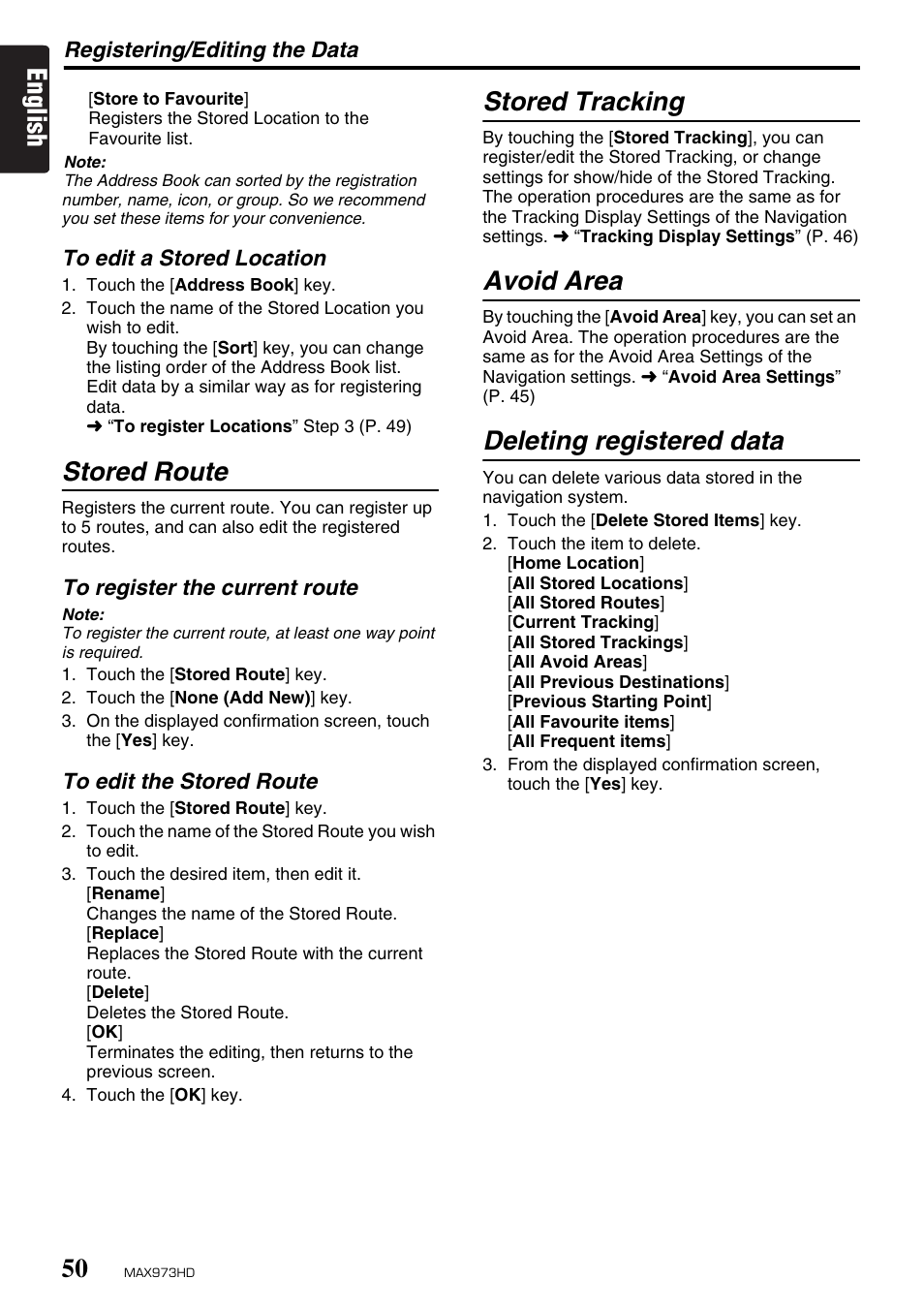 English, Stored route, Stored tracking | Avoid area, Deleting registered data | Clarion MAX973HD User Manual | Page 49 / 187