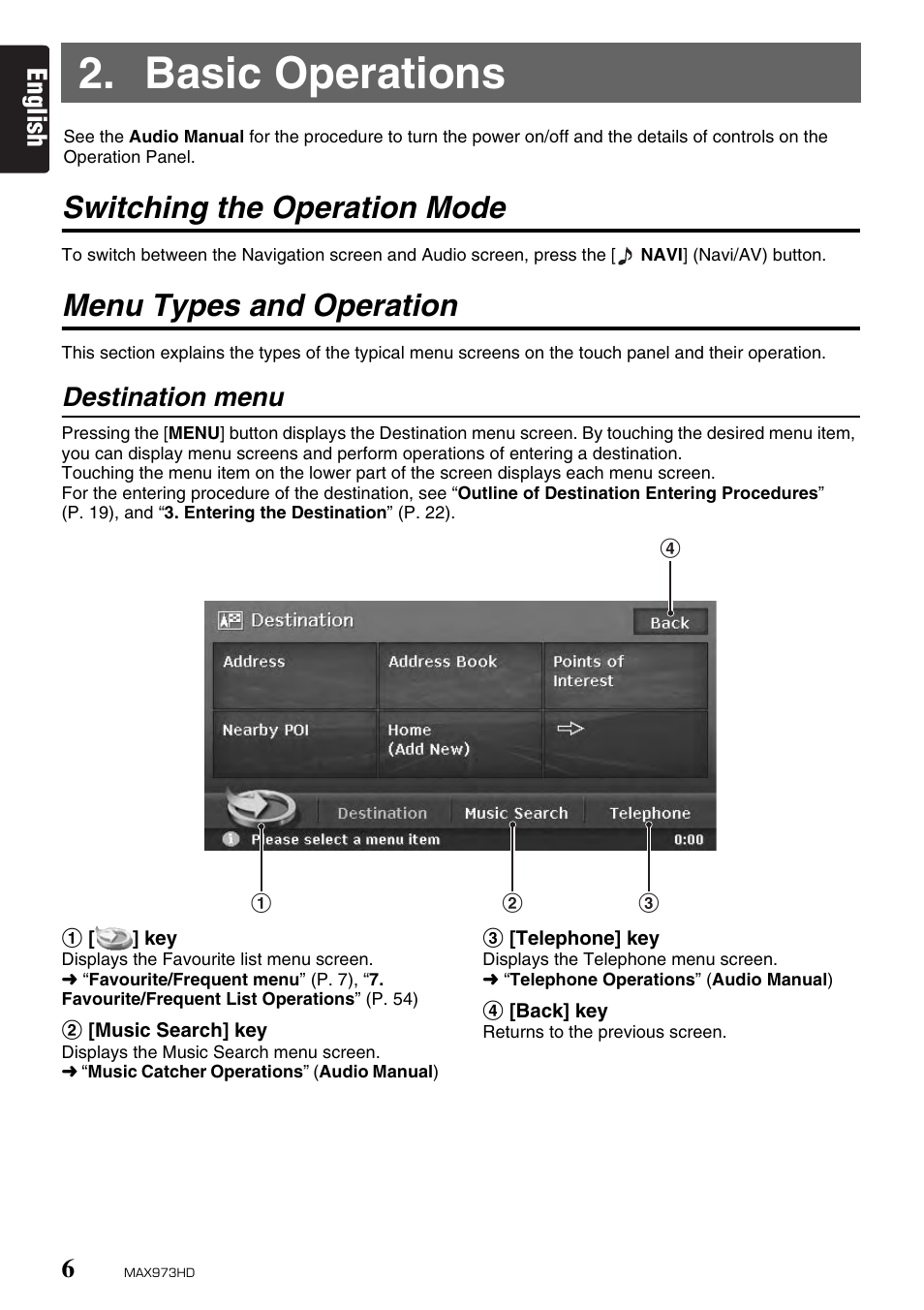 Basic operations, Switching the operation mode, Menu types and operation | English, Destination menu | Clarion MAX973HD User Manual | Page 5 / 187