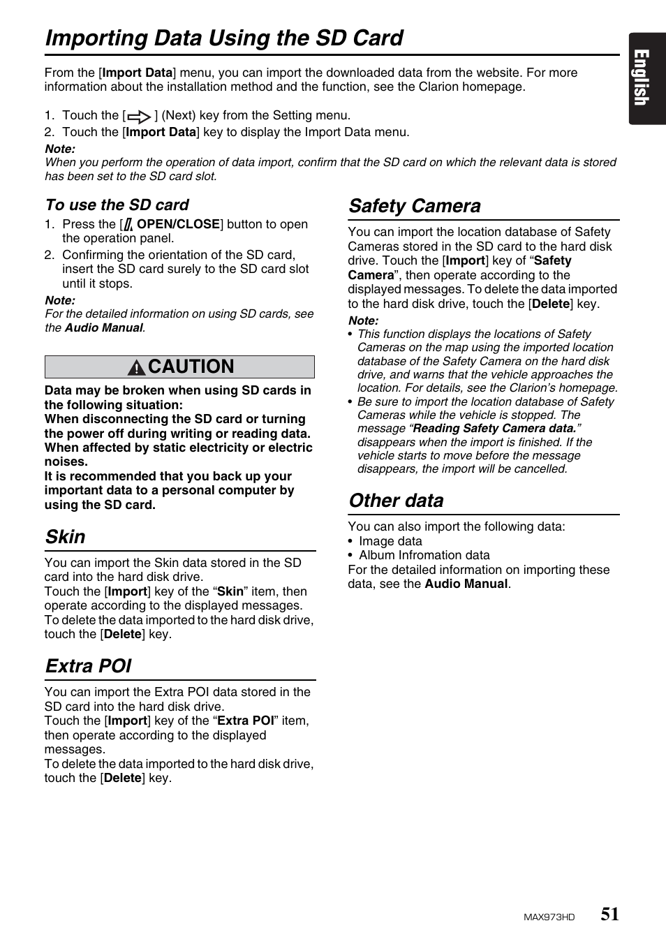 Importing data using the sd card, English, Caution | Skin, Extra poi, Safety camera, Other data | Clarion MAX973HD User Manual | Page 50 / 187