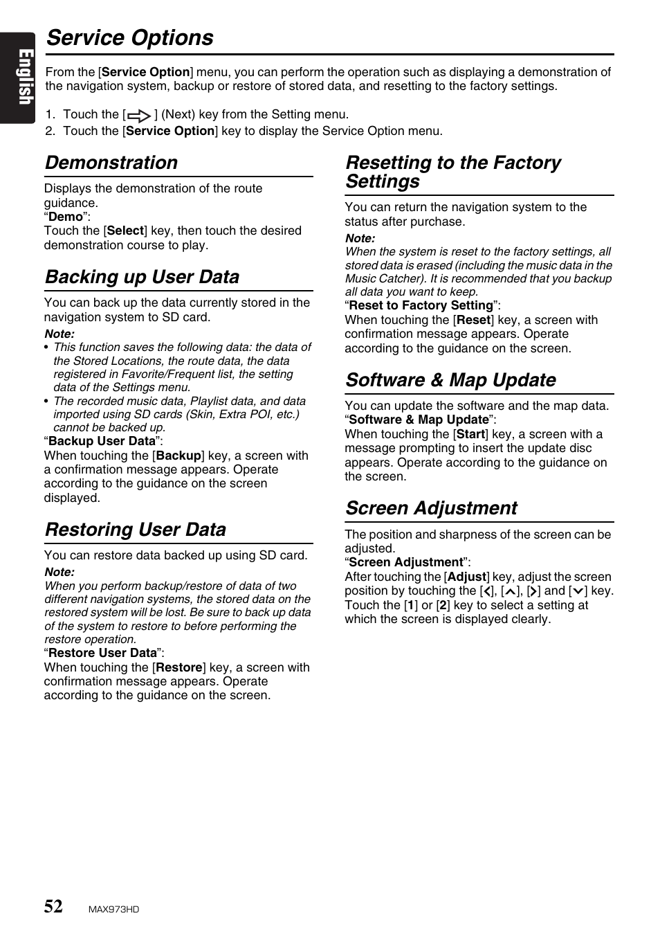 Service options, English, Demonstration | Backing up user data, Restoring user data, Resetting to the factory settings, Software & map update, Screen adjustment | Clarion MAX973HD User Manual | Page 51 / 187