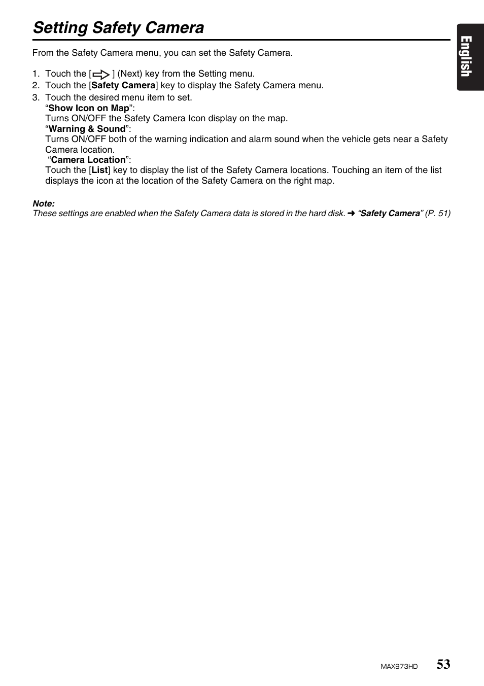 Setting safety camera, English | Clarion MAX973HD User Manual | Page 52 / 187