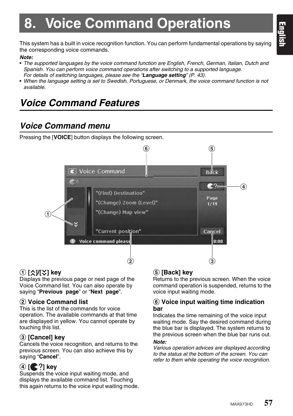 Voice command operations, Voice command features, English | Voice command menu | Clarion MAX973HD User Manual | Page 56 / 187