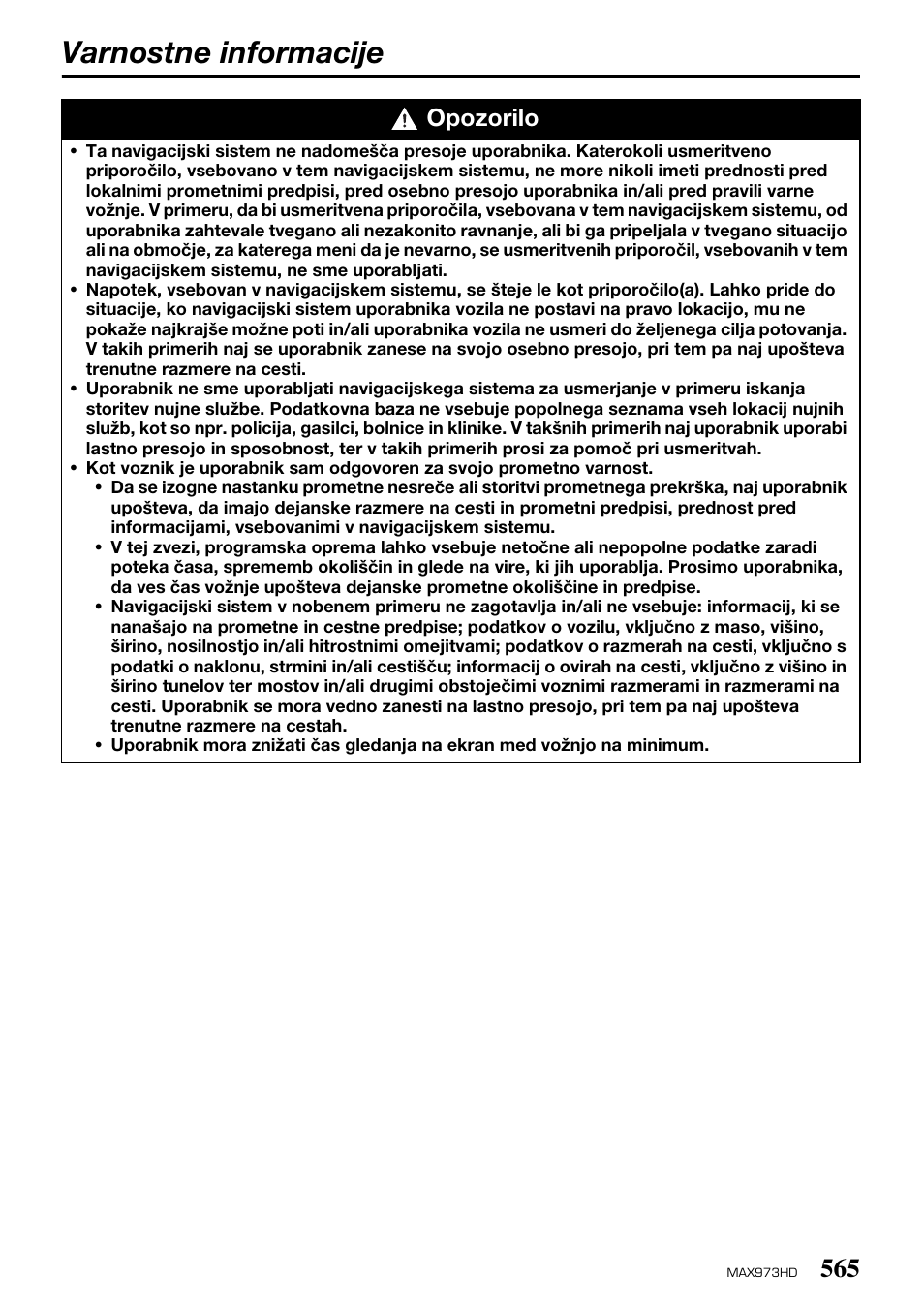 Varnostne informacije, Opozorilo | Clarion MAX973HD User Manual | Page 68 / 187