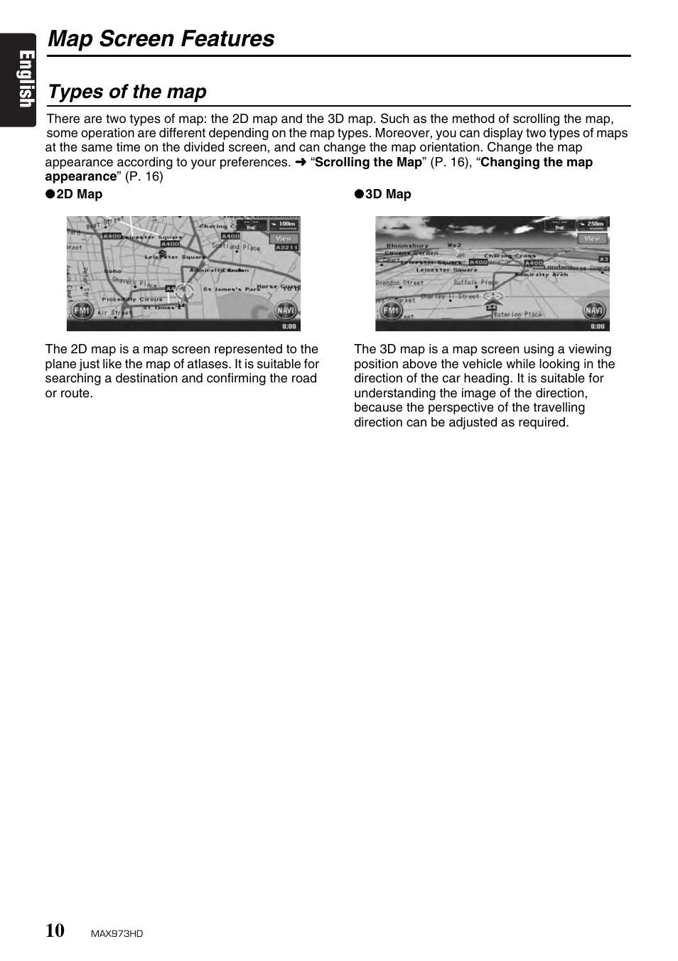 Map screen features, English, Types of the map | Clarion MAX973HD User Manual | Page 9 / 187