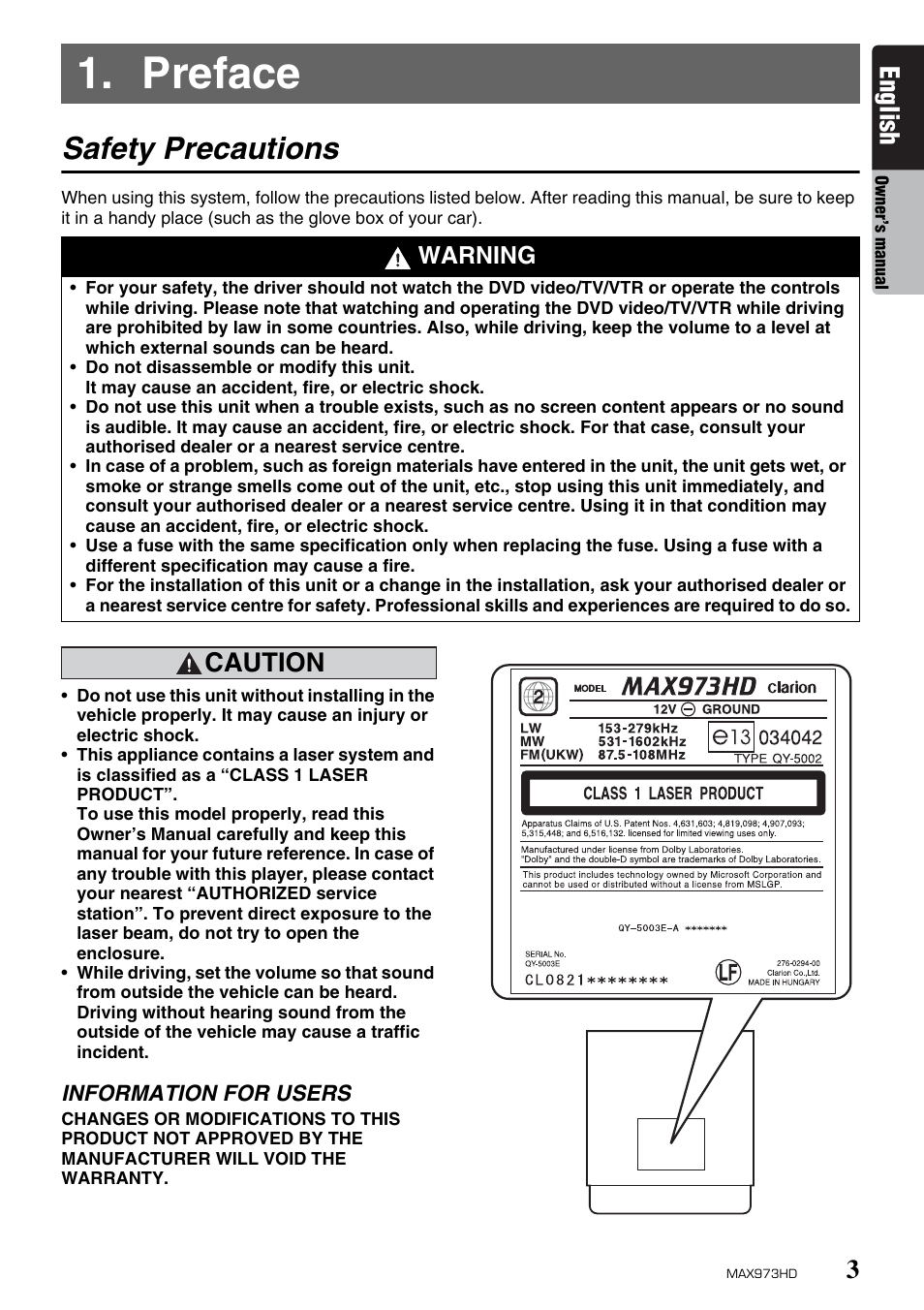 Preface, Safety precautions, English | Caution, Warning | Clarion MAX973HD User Manual | Page 99 / 187