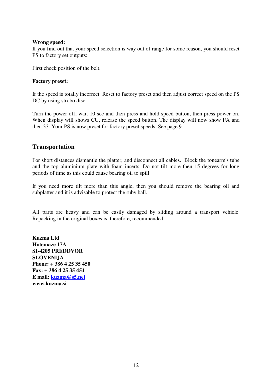 Kuzma Stabi M 130105 User Manual | Page 12 / 12