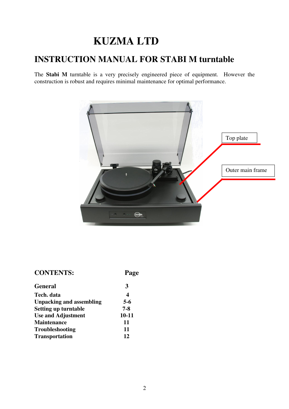 Kuzma ltd, Instruction manual for stabi m turntable | Kuzma Stabi M 130105 User Manual | Page 2 / 12