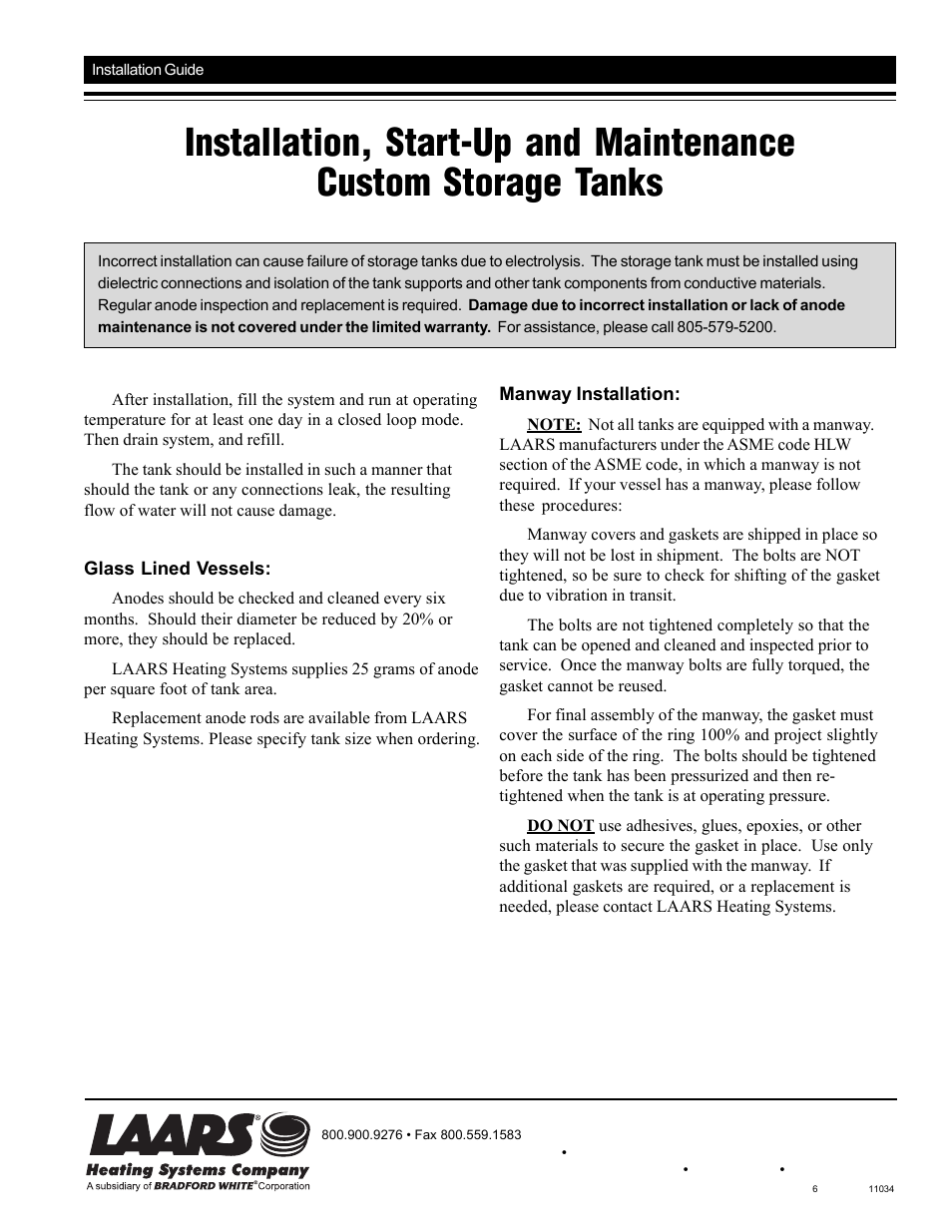 LAARS Custom ASME Storage Tanks - Installation Manual User Manual | 1 page