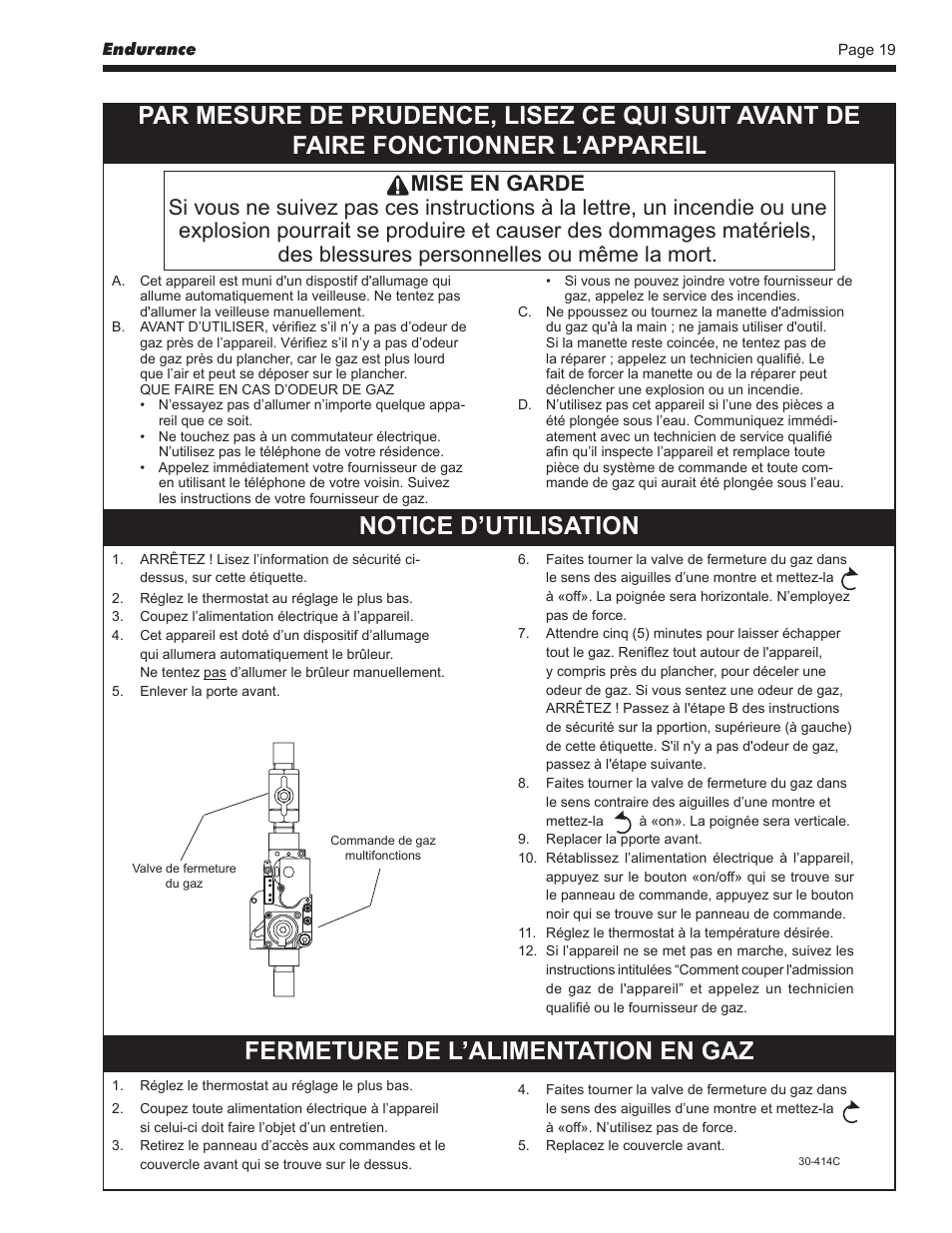 Notice d’utilisation, Fermeture de l’alimentation en gaz | LAARS EBP 175 MBTU/h - Installation, Operation and Maintenance Instructions User Manual | Page 19 / 40