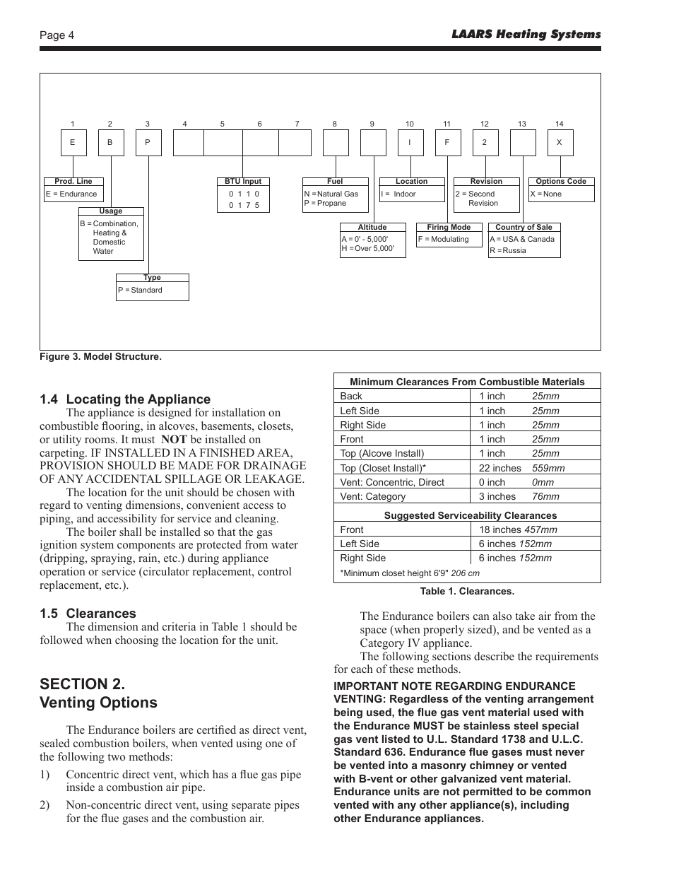 4 locating the appliance, 5 clearances, Laars heating systems | LAARS EBP 175 MBTU/h - Installation, Operation and Maintenance Instructions User Manual | Page 4 / 40