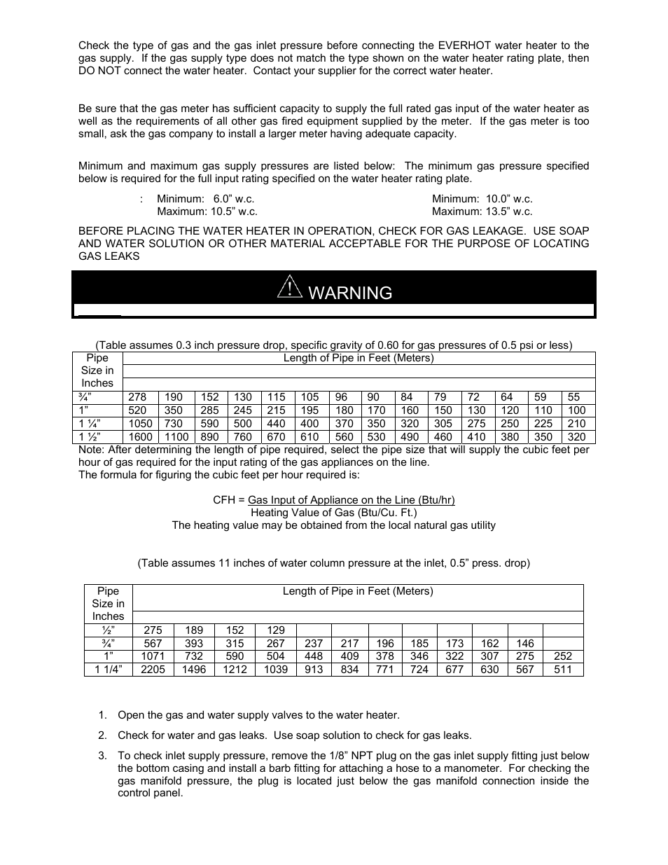 Gas meter size –naturalgas only, Gas pressure regulation, Initial operation and testing (installer only) | Warning | LAARS IGE-199C - Installation Manual User Manual | Page 19 / 44