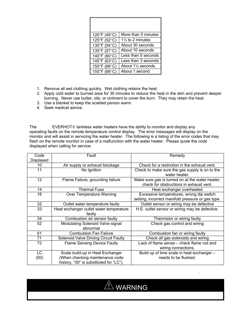 First aid for scalds, Warning | LAARS IGE-199C - Installation Manual User Manual | Page 34 / 44
