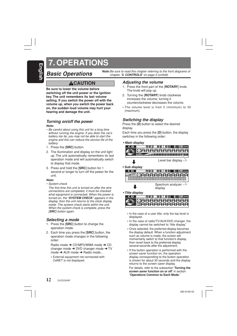 Operations, Basic operations, English | Caution | Clarion DXZ656MP User Manual | Page 12 / 29