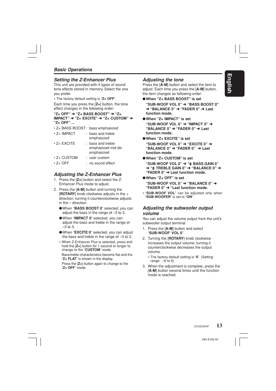 13 english, Setting the z-enhancer plus, Adjusting the z-enhancer plus | Adjusting the tone, Adjusting the subwoofer output volume, Basic operations | Clarion DXZ656MP User Manual | Page 13 / 29