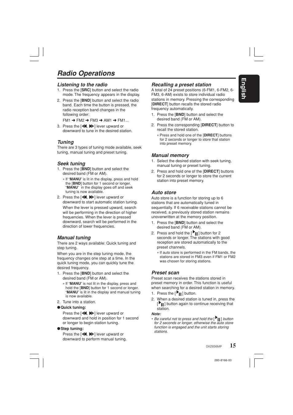 Radio operations, 15 english | Clarion DXZ656MP User Manual | Page 15 / 29
