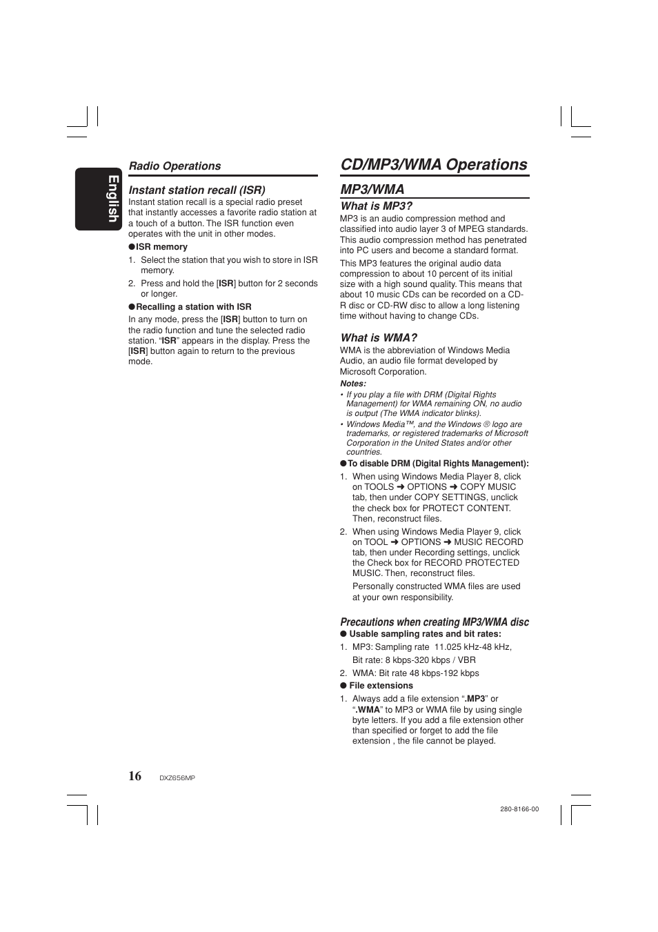 Cd/mp3/wma operations, English, Mp3/wma | Clarion DXZ656MP User Manual | Page 16 / 29