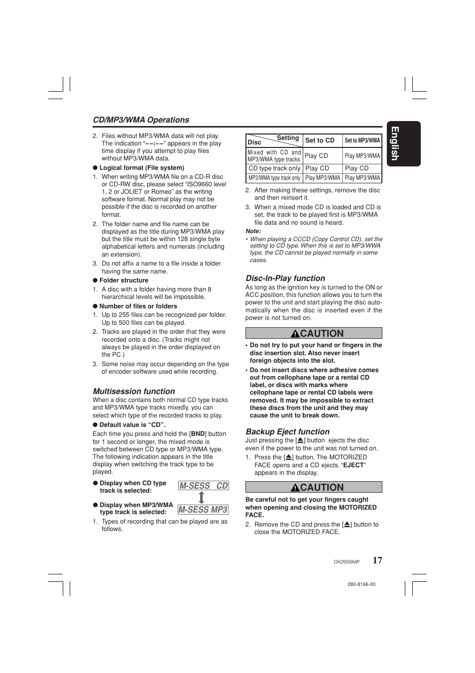 17 english, Caution, M-sess cd m-sess mp3 | Clarion DXZ656MP User Manual | Page 17 / 29