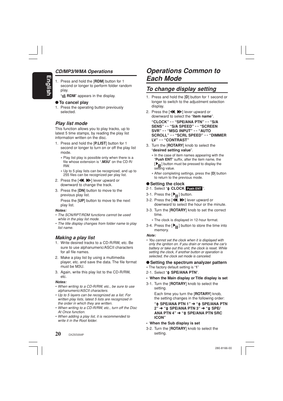 Operations common to each mode, To change display setting, English | Cd/mp3/wma operations, Play list mode, Making a play list | Clarion DXZ656MP User Manual | Page 20 / 29