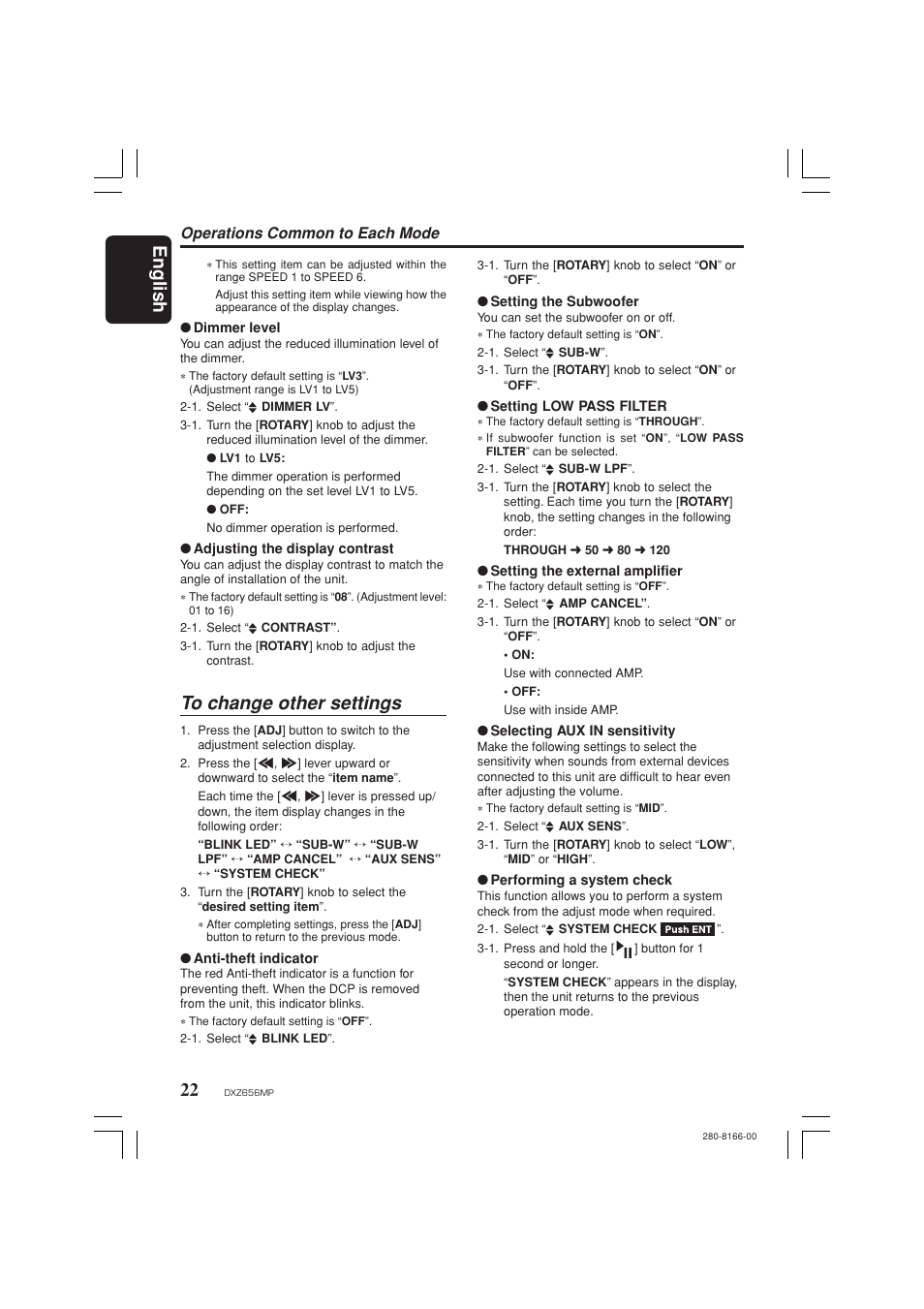 To change other settings, English, Operations common to each mode | Clarion DXZ656MP User Manual | Page 22 / 29