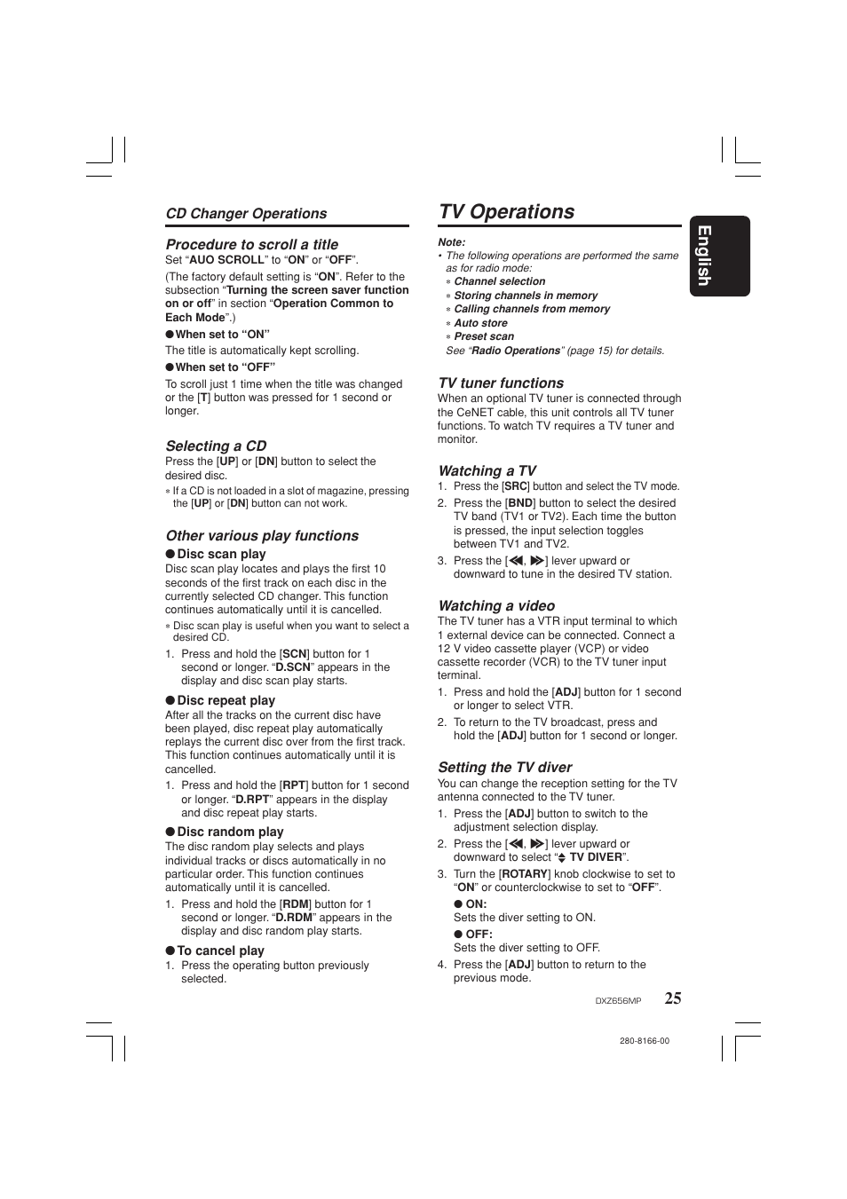 Tv operations, 25 english | Clarion DXZ656MP User Manual | Page 25 / 29