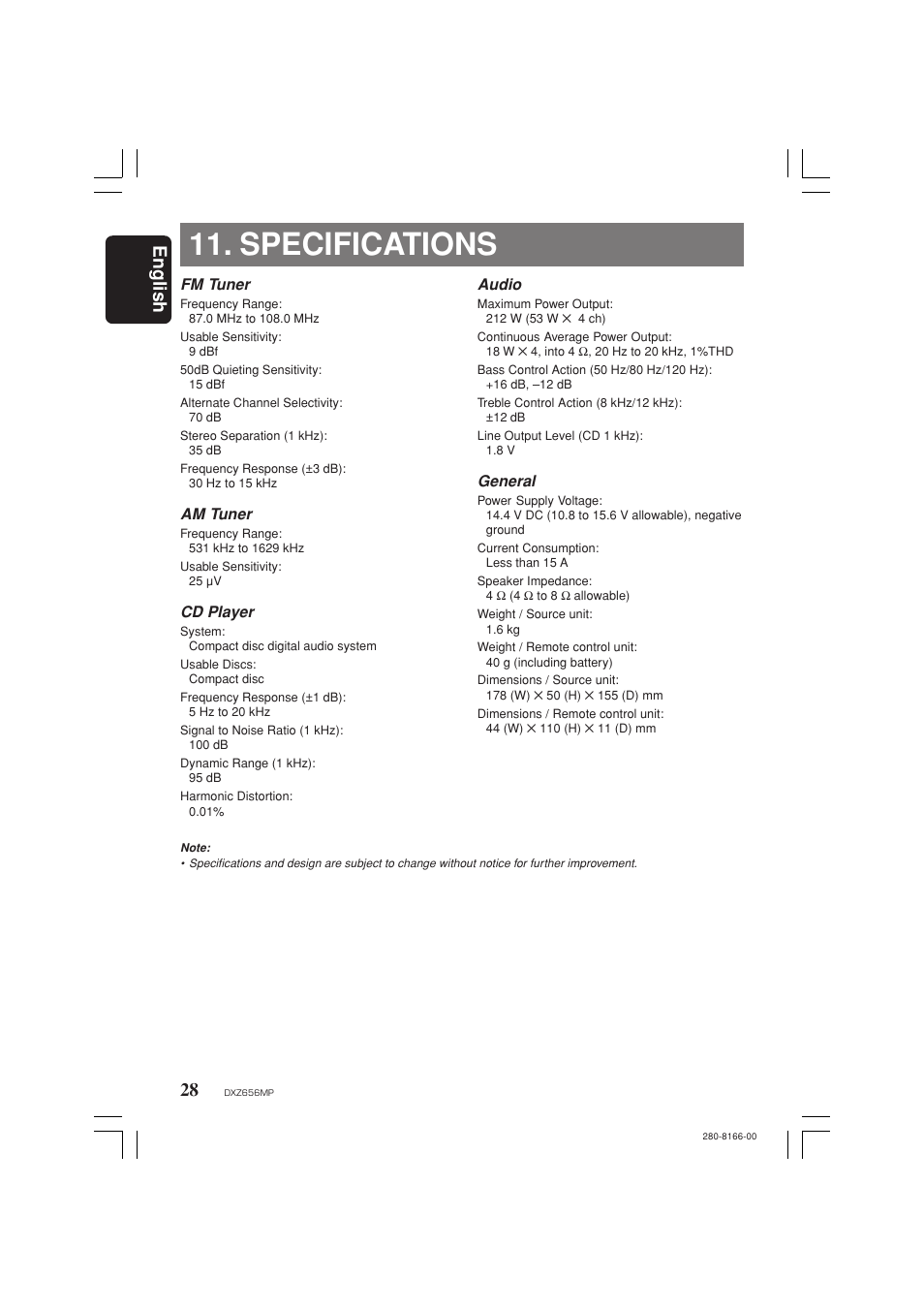 Specifications, English | Clarion DXZ656MP User Manual | Page 28 / 29